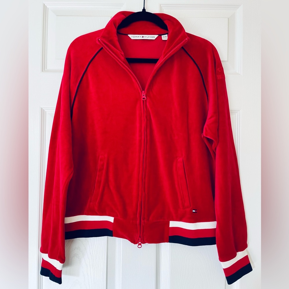 Tommy Hilfiger Red Velour Track Jacket Retro Zip-Up Sporty Y2K Style